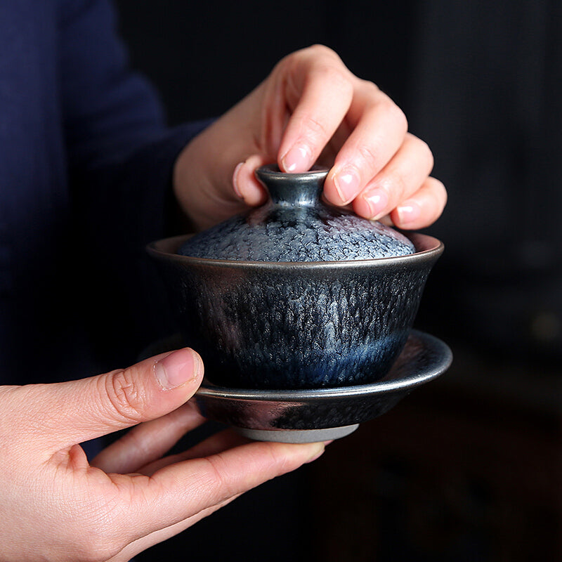 Handmade Tenmoku Flowers Gaiwan, Jian Zhan Tenmoku Gaiwan Tea Bowl