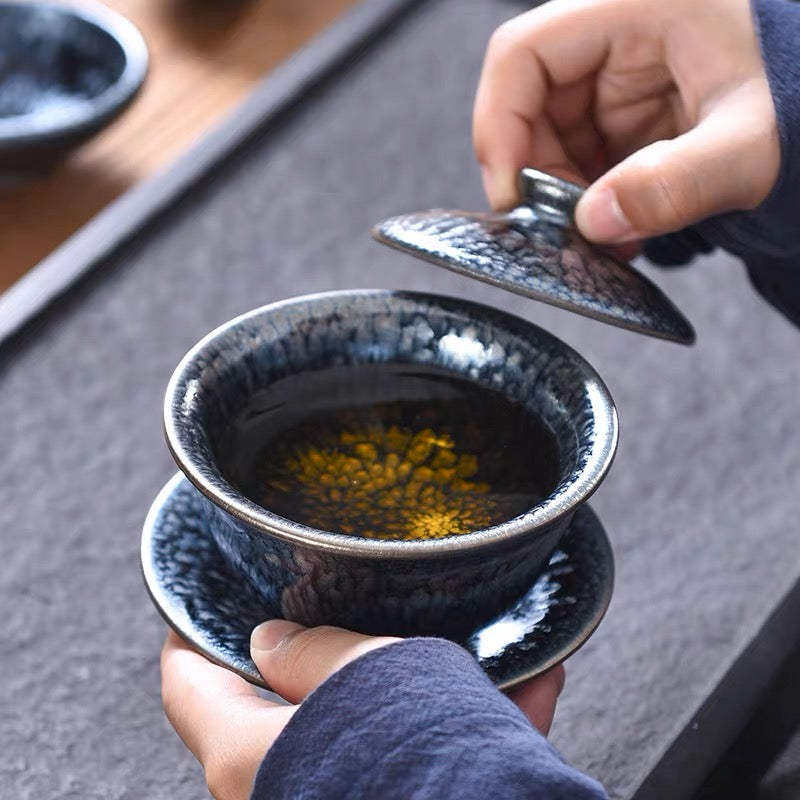 Handmade Tenmoku Flowers Gaiwan, Jian Zhan Tenmoku Gaiwan Tea Bowl