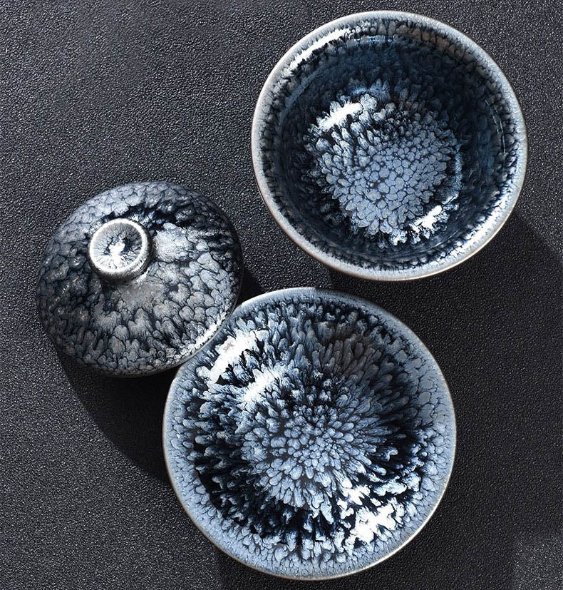 Handmade Tenmoku Flowers Gaiwan, Jian Zhan Tenmoku Gaiwan Tea Bowl