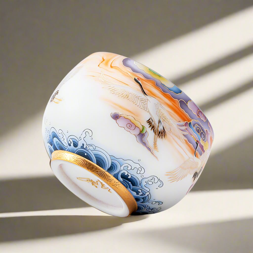colorful cranes golden tenmoku ware tea cups