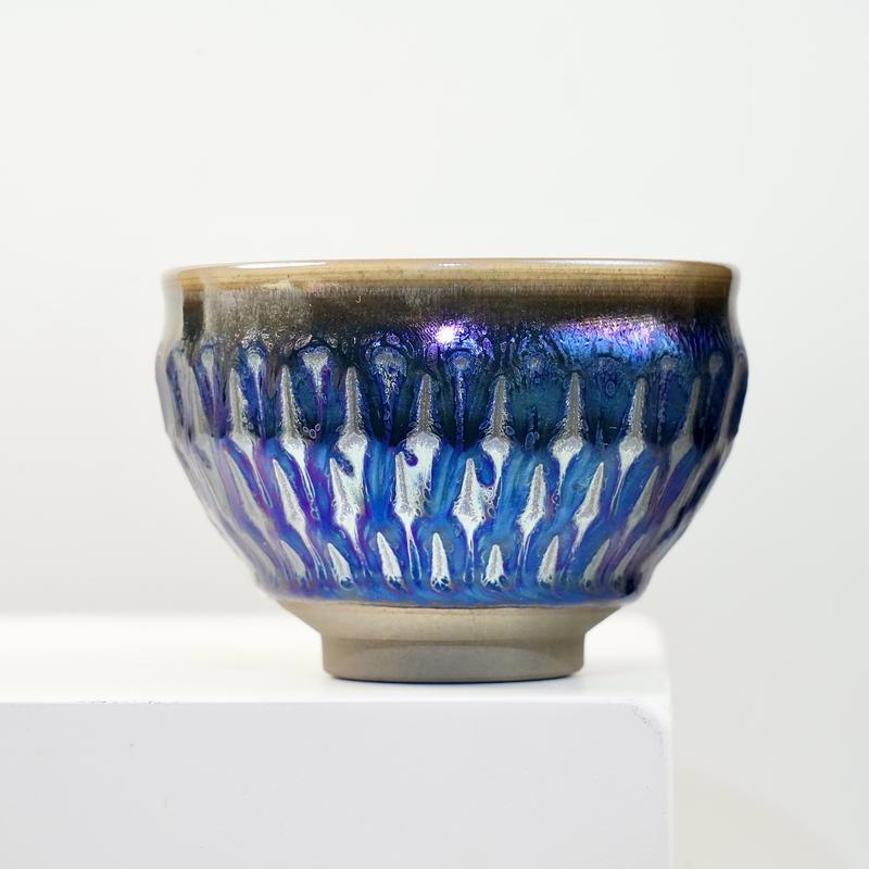 Tenmoku Jianzhan Ceramic Tea bowl with blue and white pattern