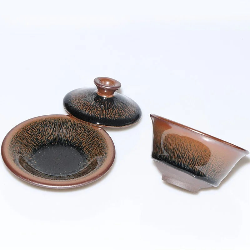 Handmade Tenmoku Hare's Fur Gaiwan, Jian Zhan Tenmoku Gaiwan Tea Bowl