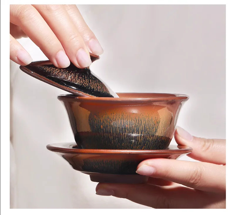 Handmade Tenmoku Hare's Fur Gaiwan, Jian Zhan Tenmoku Gaiwan Tea Bowl