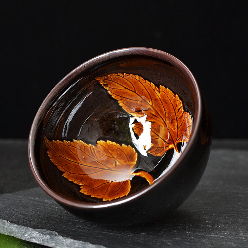 Leaves Jian Zhan Tenmoku Porcelain Tea Cup