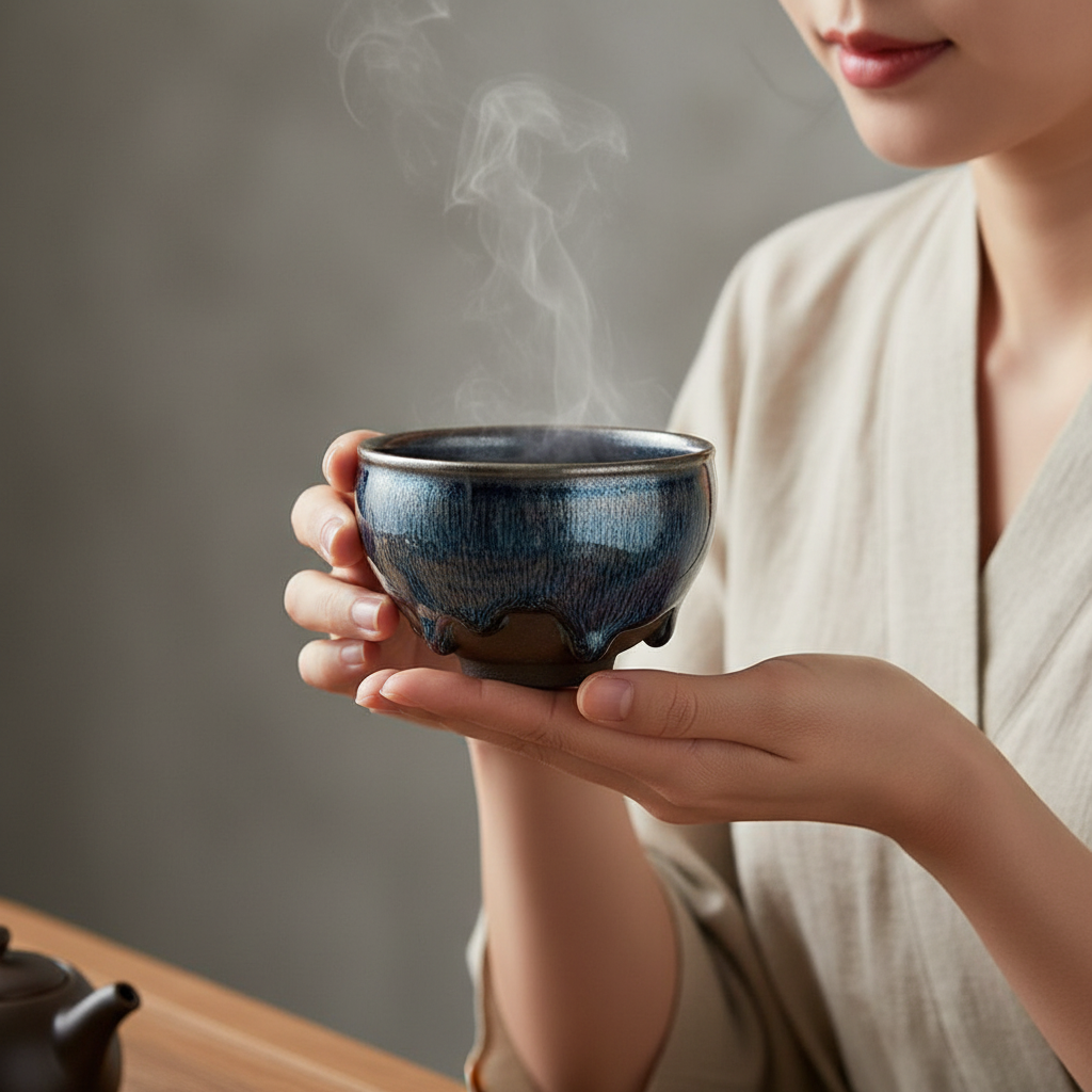 Tenmoku Hare's-fur Chawan Tea Cup 8-Tear Glaze