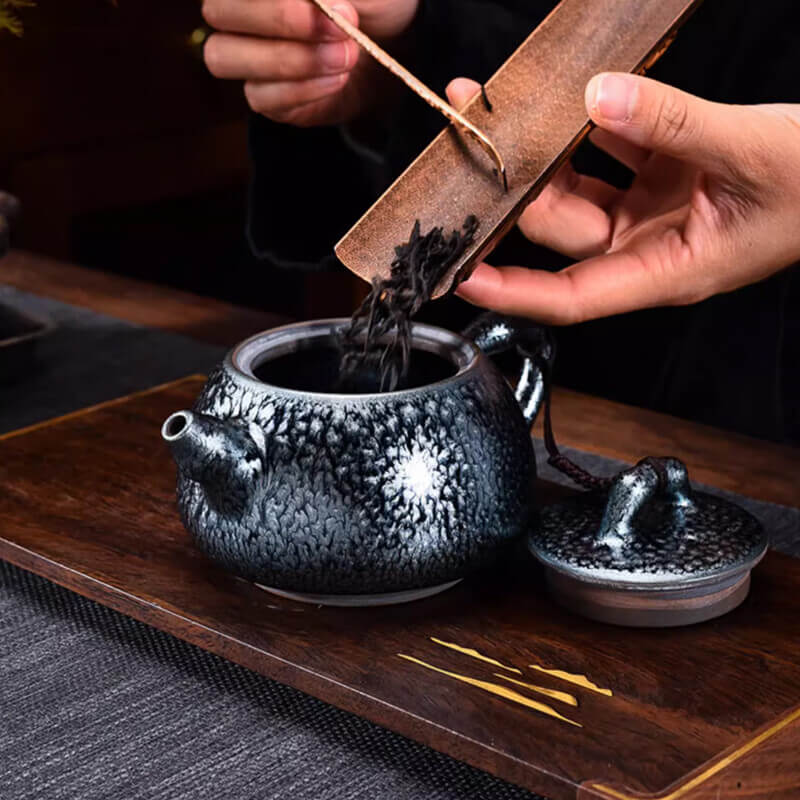 Tenmoku Jianzhan Oil Spot Bamboo Joint Teapot