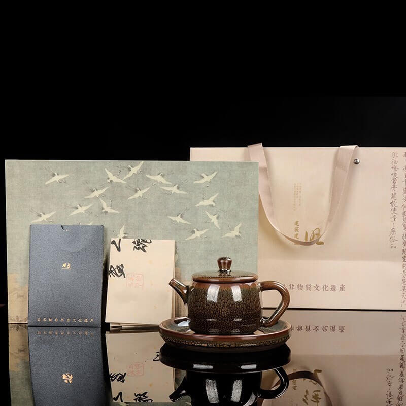 Tenmoku Jian Zhan Oil Spot Huainan Teapot Saucer Set